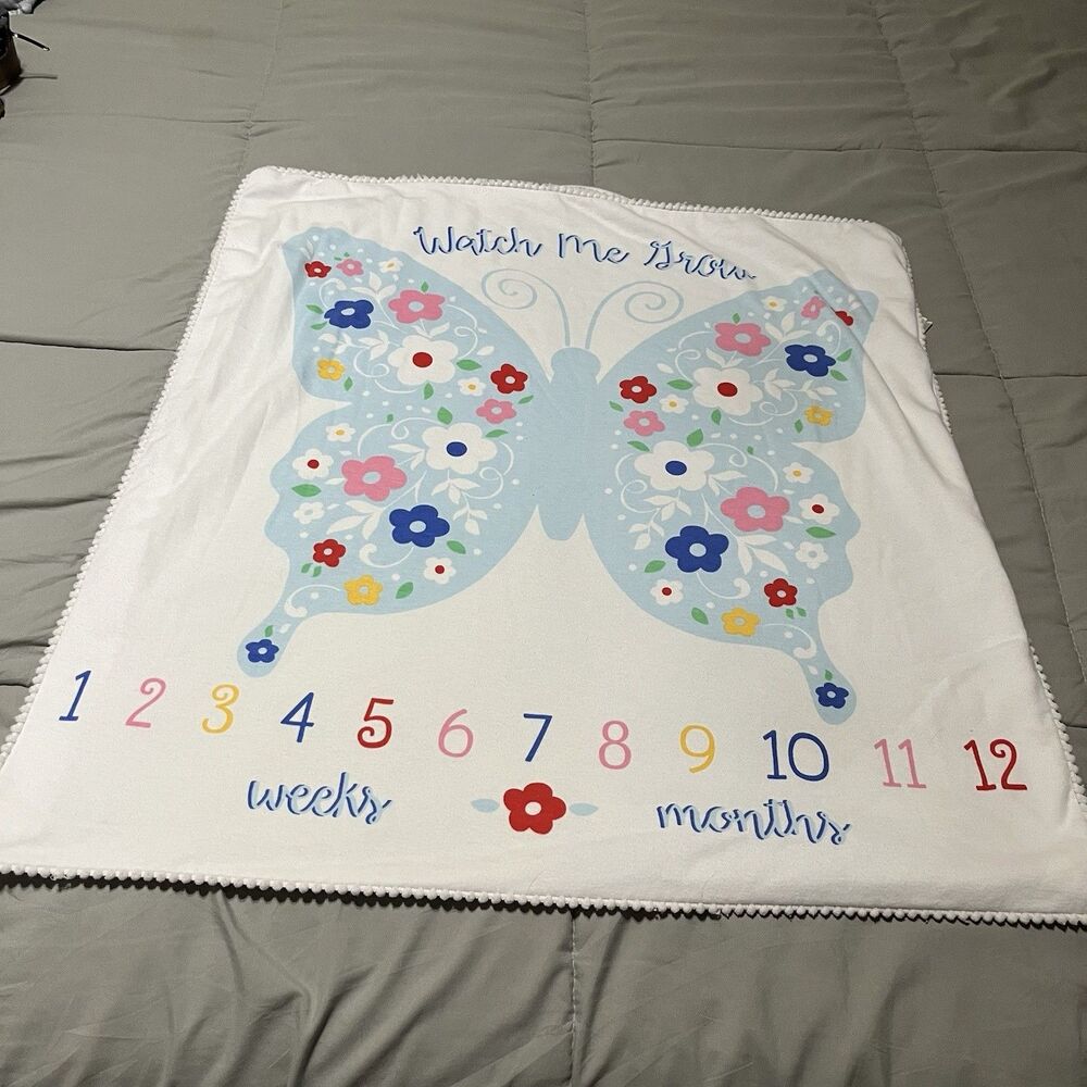 Baby Essentials Grow With Me Milestone Blanket Butterfly Weeks Months Blue White